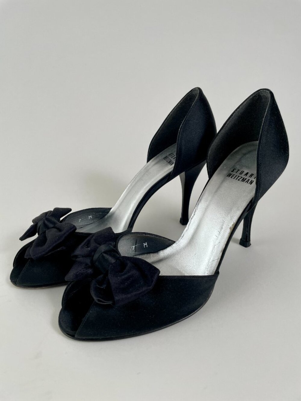 Stuart Weitzman Black Satin D'Orsay Peeptoe Pumps Heels With Bow, Size 7